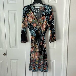 V-neck faux wrap dress, knee length, long flutter sleeve, black with flowers, XL